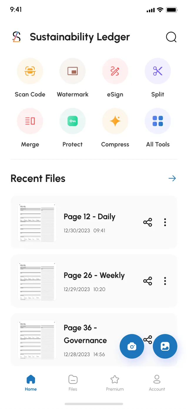App home screen with scan tools and recent ledger pages: Page 12 Daily, Page 26 Weekly, Page 36 Governance