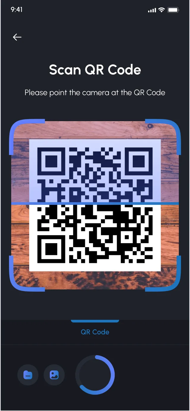 QR code scanning screen asking the user to point the camera at the code