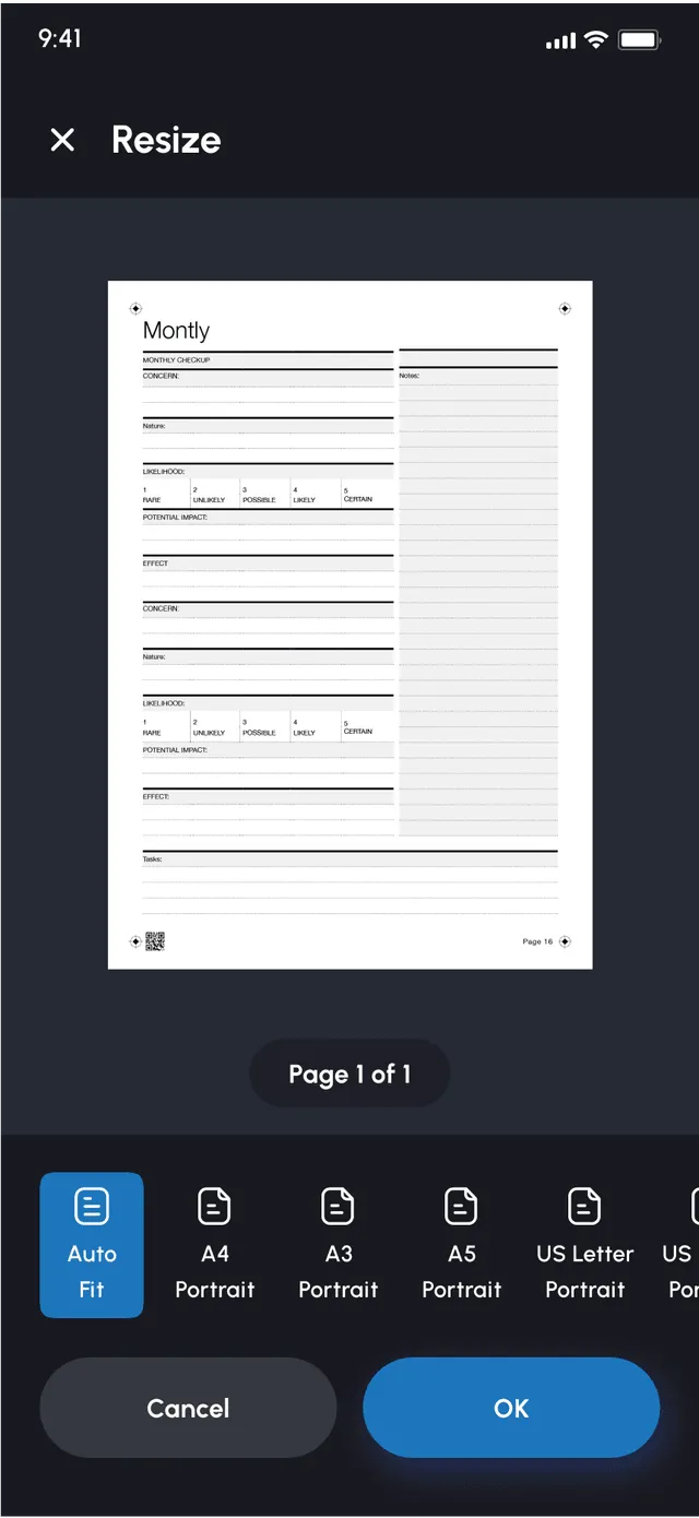 Resize screen with Auto Fit, A4, A3, A5 and US Letter options