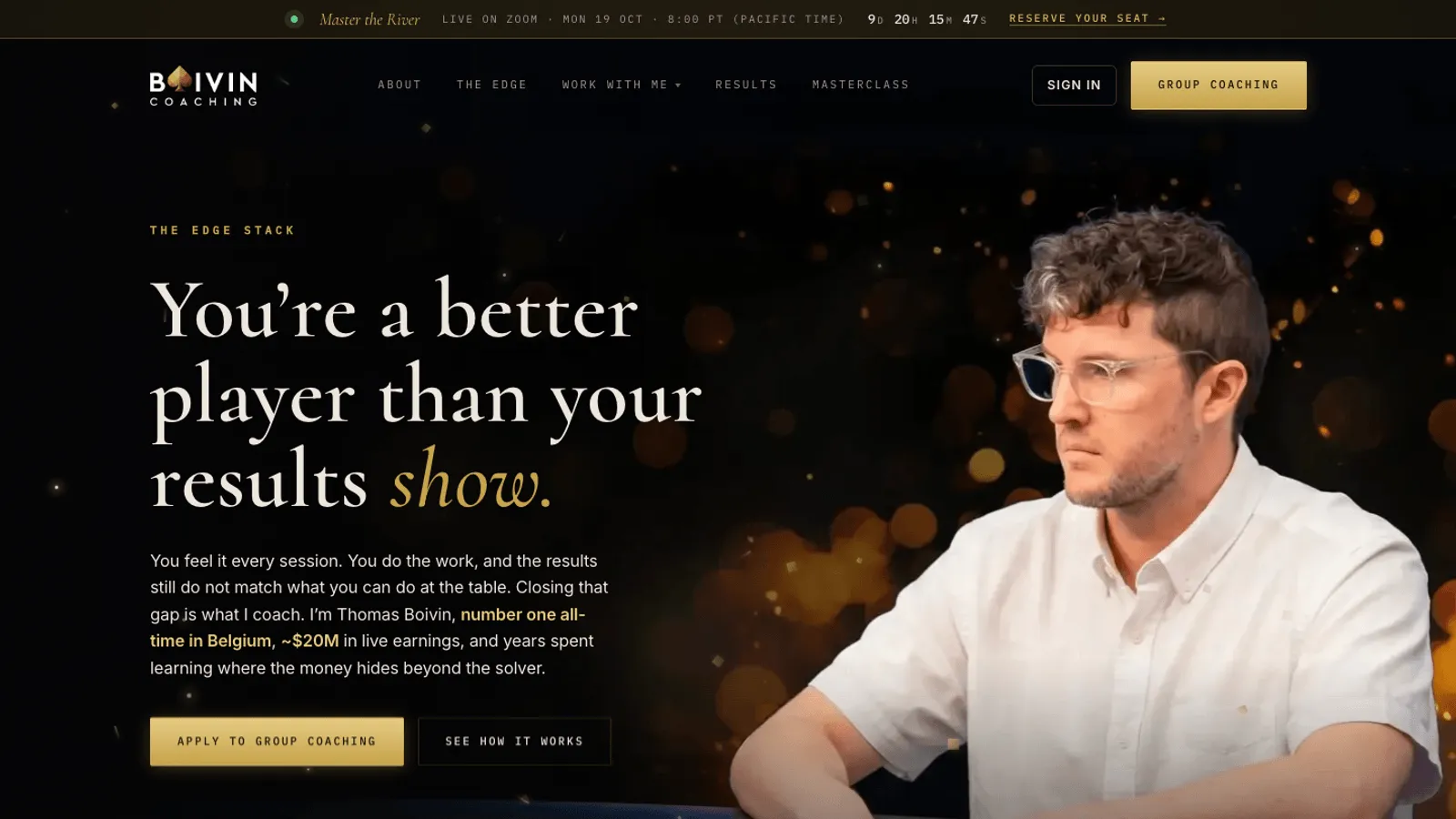 Boivin Coaching homepage with the headline "You're a better player than your results show" and Thomas Boivin at a poker table