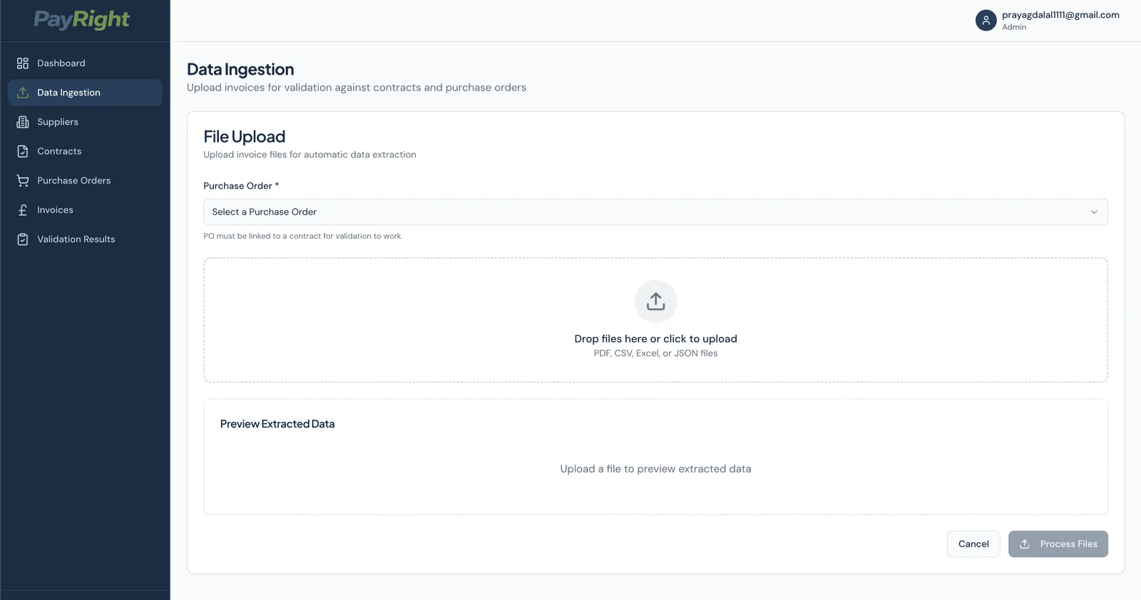 Data ingestion page: choose a purchase order, drop PDF, CSV, Excel or JSON files, and preview the extracted data before processing