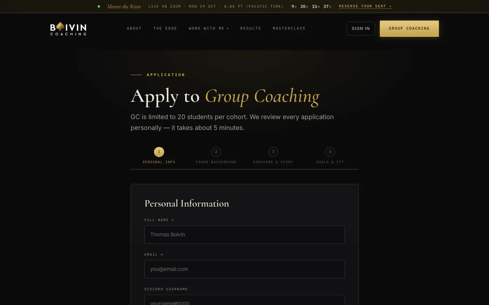 Apply to Group Coaching: a four-step form with progress indicator, starting with personal information