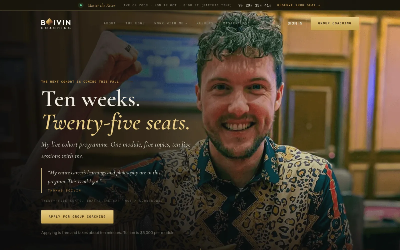 Group coaching sales page: 'Ten weeks. Twenty-five seats.' with a quote from Thomas and an Apply for group coaching button