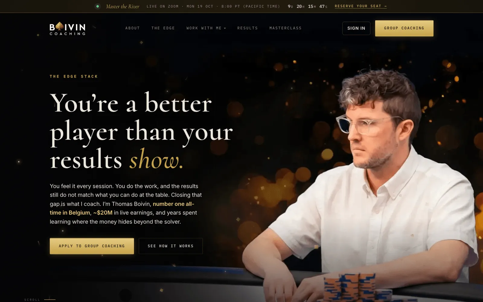 Boivin Coaching homepage hero: 'You're a better player than your results show', with Apply to group coaching and See how it works buttons, and a live countdown bar at the top