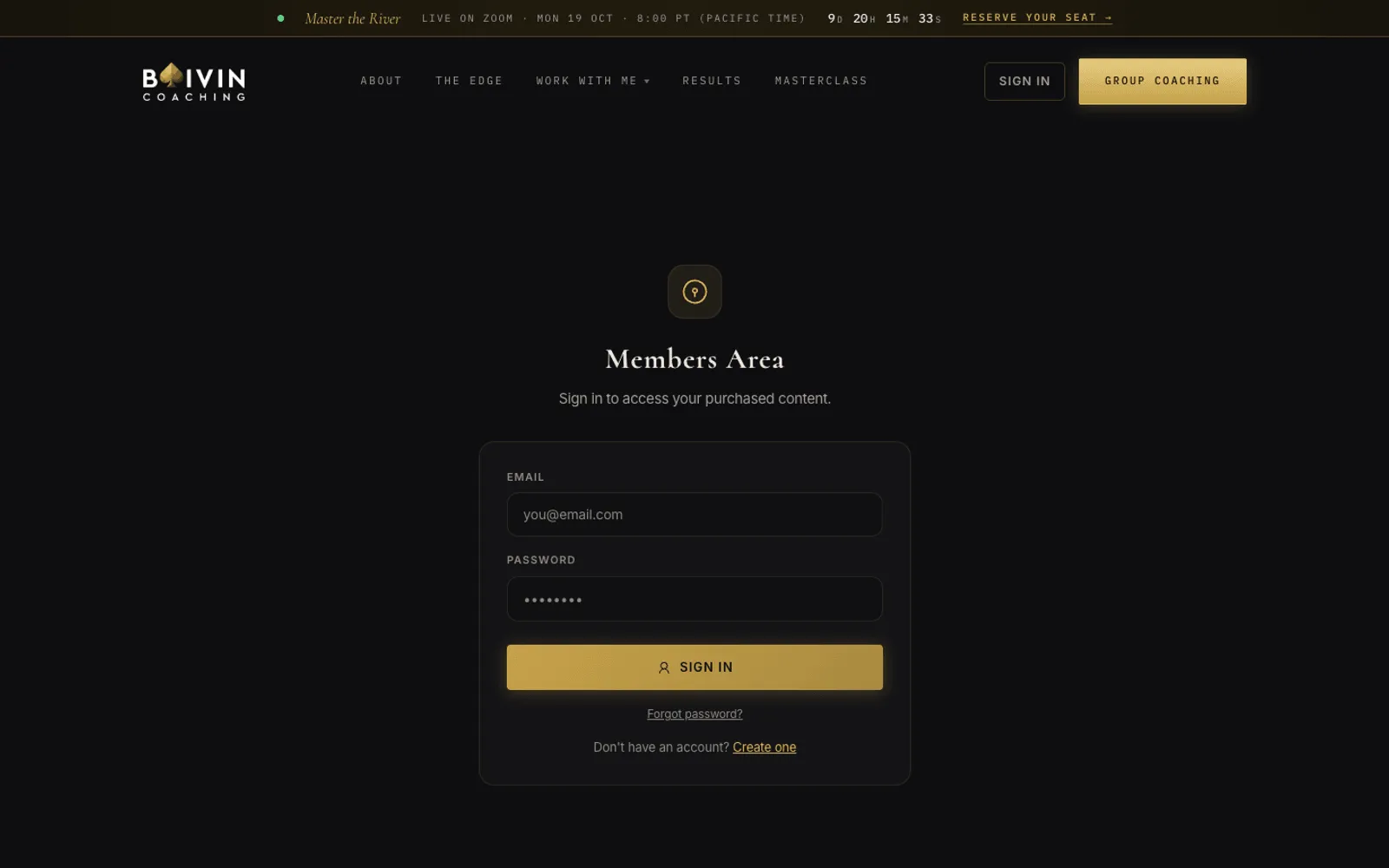 Members area sign-in page in the Boivin Coaching design