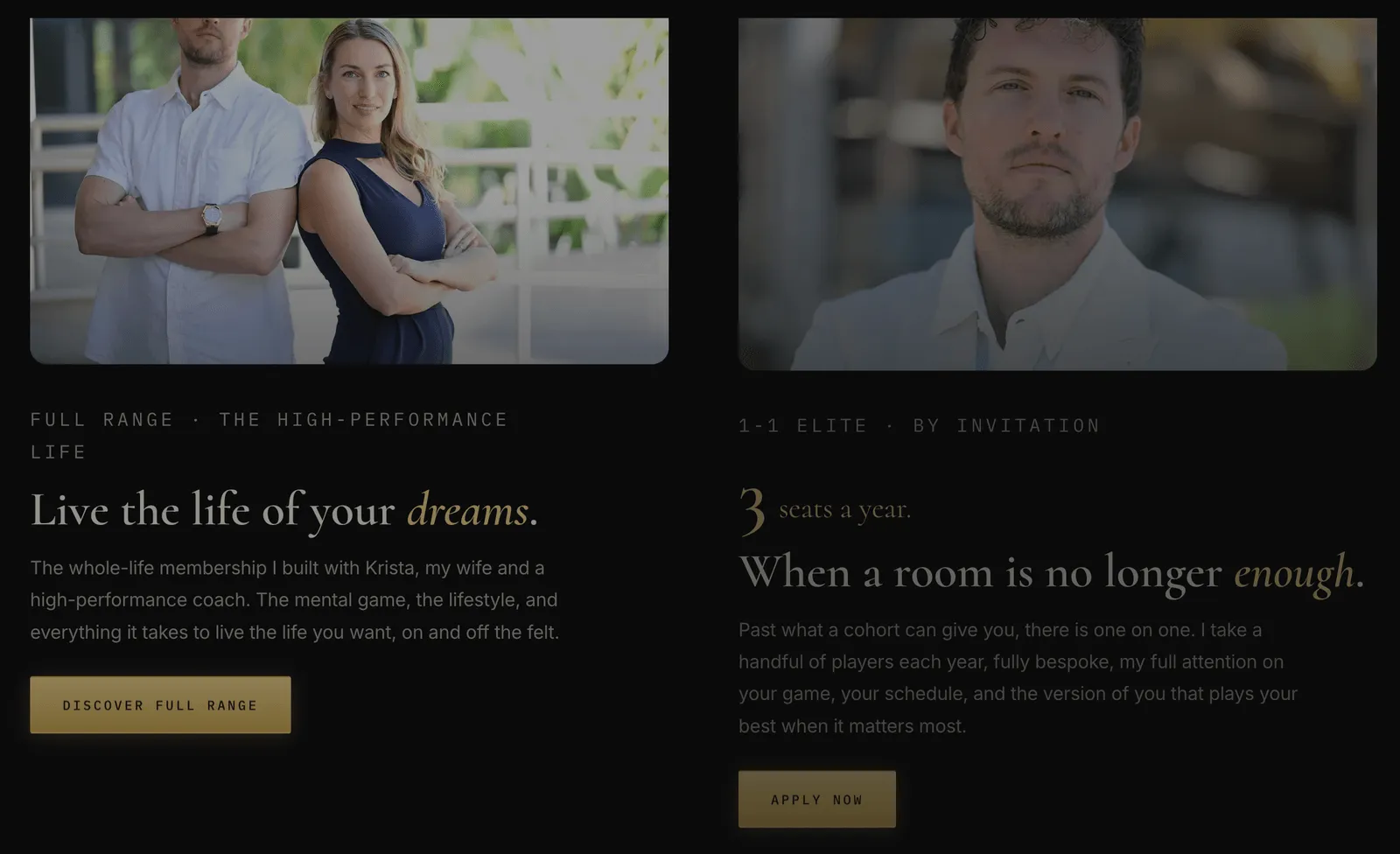 Two programme cards: Full Range, the high-performance life membership, and 1-1 Elite, three seats a year