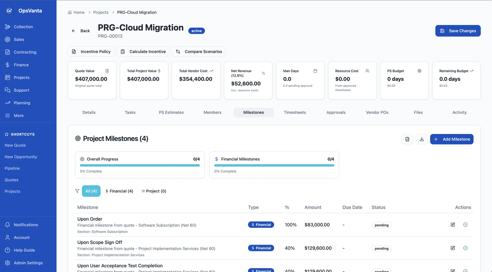 Project page for a cloud migration project: quote value, project value, vendor cost, net revenue, man days, budgets, and a milestones table with financial milestones from the quote