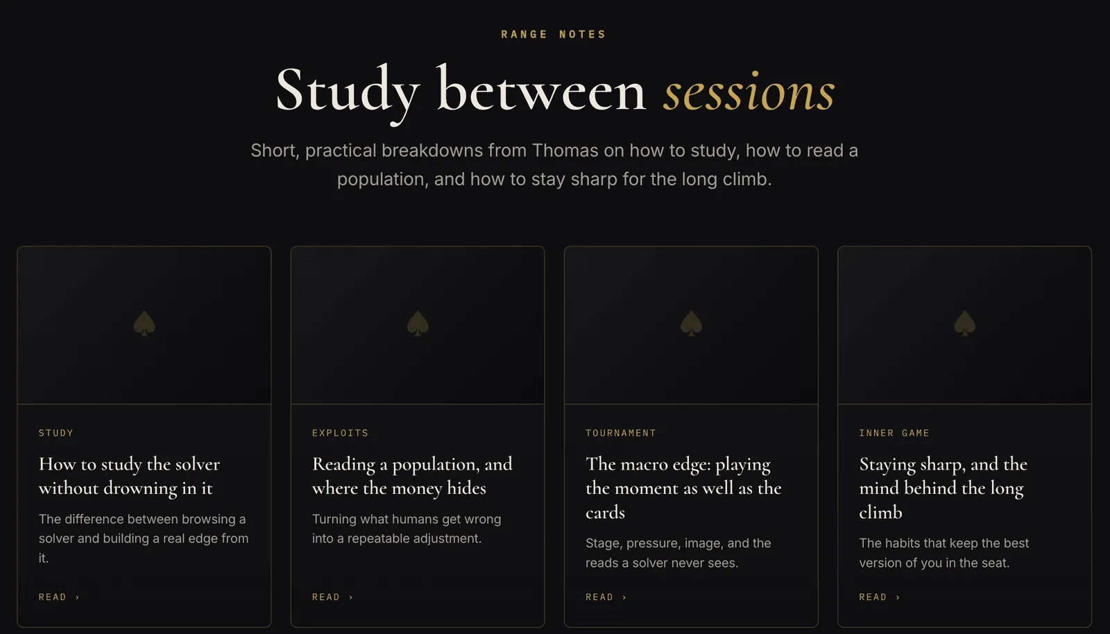 Range Notes section: four study guides on studying the solver, reading a population, the macro edge and the inner game