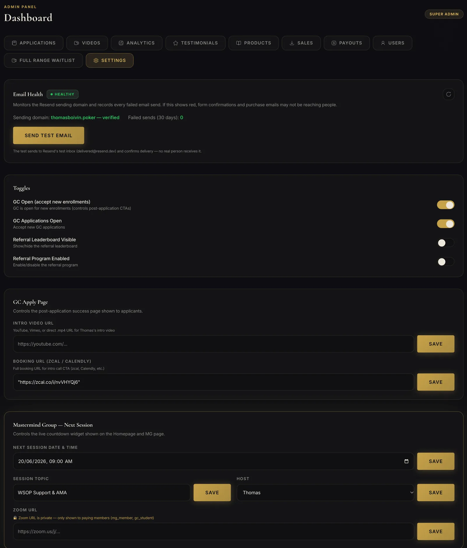 Settings: email health for the Resend sending domain, toggles for enrolment and applications, post-application page controls, and next mentoring session fields