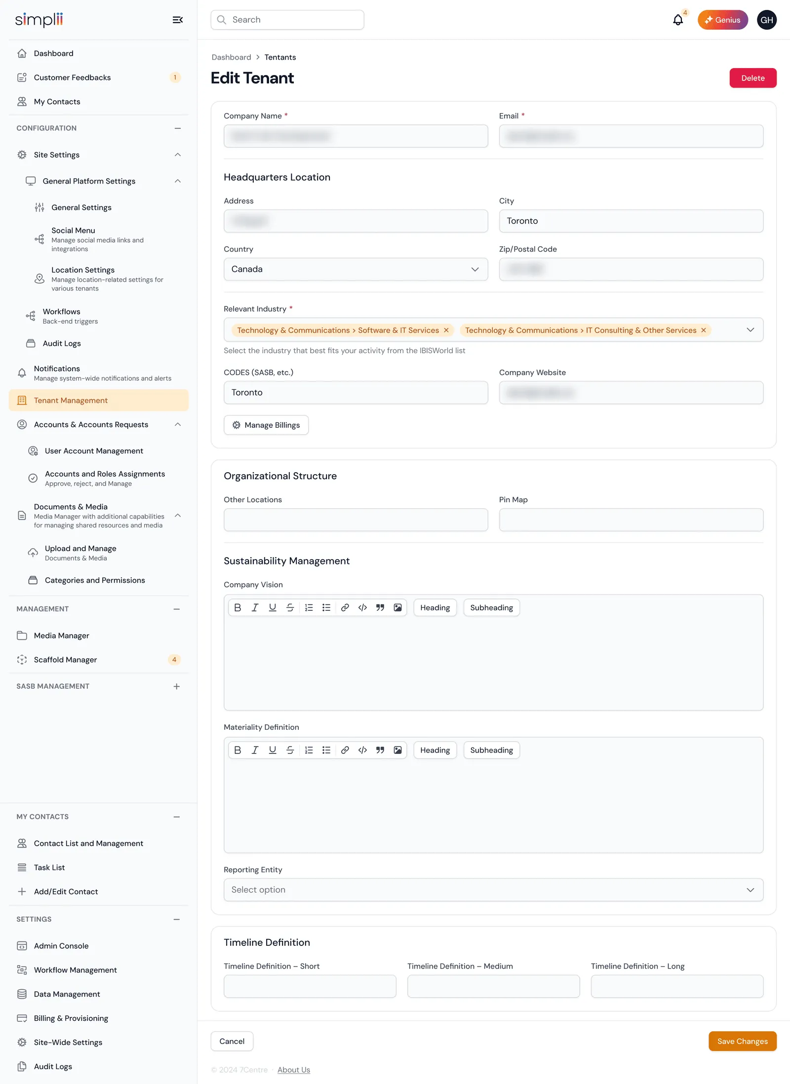 Edit tenant form with headquarters location, relevant industry, SASB codes, company vision, materiality definition, reporting entity and timeline definitions; contact details blurred